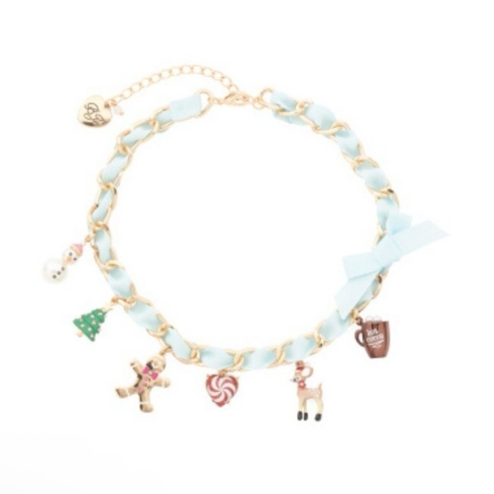Betsy Johnson Jingle Bell Bling Christmas Charm Necklace Gold New